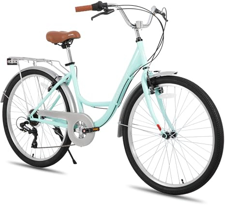 HILAND Cruiser Damcykel med pakethållare och korg, 26 tum – 7 växlar, låg stålram, V-bromsar, integrerade stänkskydd, perfekt för promenader och stad, grön