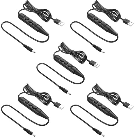 SinLoon USB Male with On/Off Switch to DC35135 Male Cable, USB 2.0 to DC 3.5mm x 1.35mm 6-Speed Dimming Switch Power Cable, for LED Strips Little Table Lamp and Other 5V Devices 5Pcs 1.5M/4.9FT