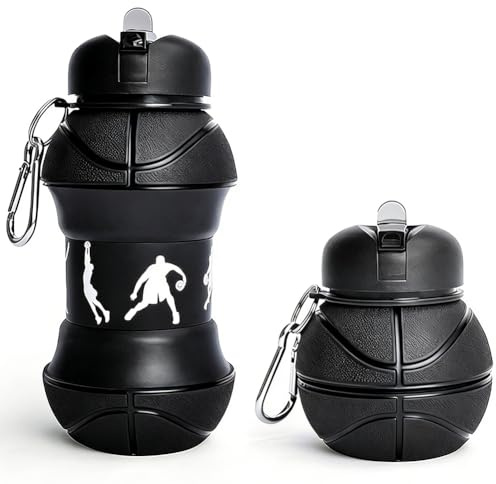 OPVXZAD Borraccia Pallacanestro Squadra del Cuore in Silicone per Ragazzi Bambini e adulti Bottiglia d'acqua Pieghevole con Moschetton BPA,Cannuccia,A Tenuta Stagna,550 ml