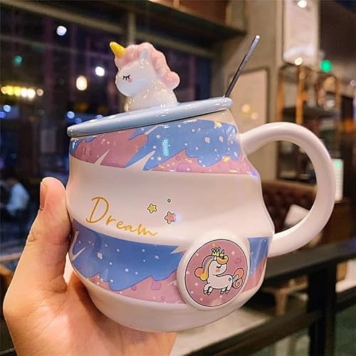 Ceramic Coffee Mug with Lid & Spoon, Cute Unicorn Ceramic Coffee Tea Cup - 3D Unicorn Topper, Twisted Body Design, Perfect Breakfast Mug for Coffee, Tea, and Gifts (Blue)