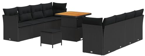 HFXHIJXQ Gartensofa Set 11-TLG Schwarz Poly-Rattan wetterfest Modernes modulares Design Eckbank Mittelbank Hocker Tisch Gartenbalkon Terrasse für 10 Personen