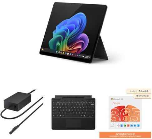 Microsoft Surface Pro | Copilot+ PC | 13” OLED | Snapdragon® X Elite | 16GB RAM | 512GB SSD | Schwarz + 65W Surface Connect Netzteil + Surface Keyboard 365 Single – Produktivitäts-Paket