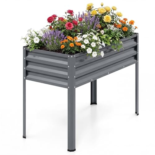 HOMASIS Cama Elevada de Jardín Galvanizada (Gris) | Huerto Urbano de Metal con Patas, Agujeros de Drenaje, Capacidad de 142 L, Jardinera Terraza Exterior para Frutas, Flores