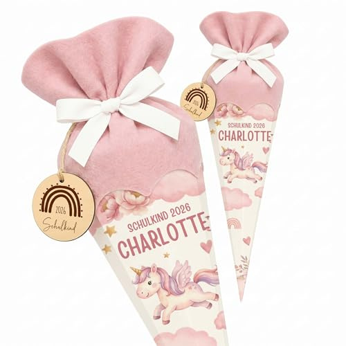 Kidsmood personalisierte Schultüte inkl. Rohling, Filz-Stoff & Holzschild, Zuckertüte als Geschenk zur Einschulung Mädchen & Jungen, Einschulungsgeschenk für Schulkind 2026 - Pegasus (Rosa)