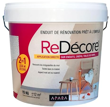 APARA Enduit décoratif, rénovation rapide, 2 en 1, lisse et décore sur plâtre, peintures, crépis, fibres, toile de verre 10 x 15 Kg Blanc