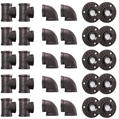 Home TZH Pipe Fitting, 30 Pack 1 Grey Floor Flange/Elbow/Tee Combo for Industrial vintage style, Flanges/Elbow/Tee with Threaded Hole for DIY Project/Furniture/Shelving Decoration (30, 1)