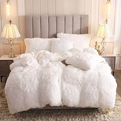 Uhamho Faux Fur Velvet Fluffy Bedding Duvet Cover Set Down Comforter Quilt Cover with Pillow Shams, Ultra Soft Warm and Durable (White, King)