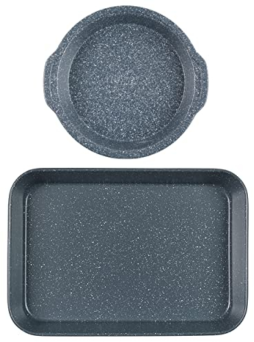 Russell Hobbs COMBO-7557A Roasting Pan & Cake Tin Set, Non-Stick Carbon Steel Oven Trays, Tall Deep Sides, PFOA-Free, Easy Clean, Cooking Set, Nightfall Stone Collection, Blue Marble, 26/40 cm