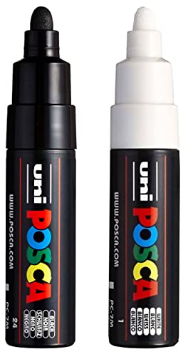 Posca Uni PC-7M Marker Art Pen - Large Bullet Tip - 4.5-5.5mm Nib - [Pack of 2] - Black and White