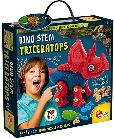 Lisciani – I'M A GENIUS SCIENCE – Dinosaurier zum Zusammenbauen – Triceratops – Konstruktionsspiel – Puzzles und Aufkleber inklusive – Lern- und Wissenschaftsspiel – für Kinder ab 5 Jahren