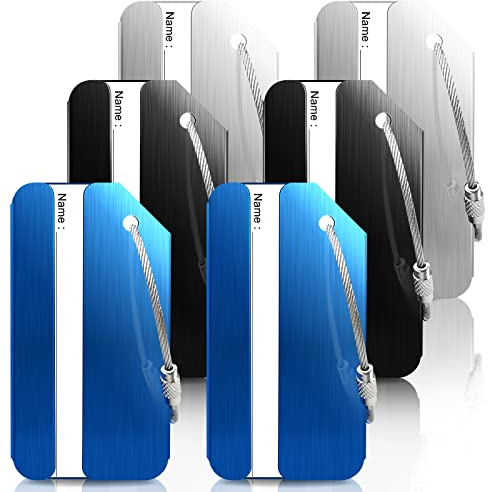 Kofferanhänger Koffer, Gepäckanhänger aus Aluminum, 6 Stück, Tags mit Namensschild Adressschild, Geeignet für Reisegepäck, Reisetasche Koffer, Taschen, Rucksäcke (Schwarz, Blau, Silber)
