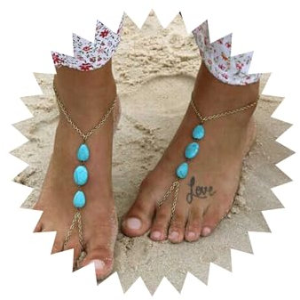 Wendalern Bracelet De Cheville Boho Bleu Ovale Turquoise Chaîne De Cheville Or Bracelet De Cheville Plage Sandales Pieds Nus Bijoux De Pied Pour Femmes Adolescentes
