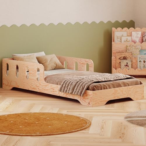 smartwood Kinderbett 80x180 cm mit Rausfallschutz, Holz, TILA 6 | Montessori Bodenbett, Lattenrost bis 230 kg, FSC-Zertifikat, abgerundete Kanten, Einfache Montage, ab 3 Jahren, 83x183x40 cm