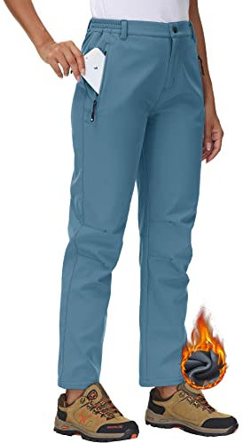 Rdruko Women's Waterproof Walking Trousers Fleece Lined Ski Pants Winter Warm Sports Trousers for Hiking Camping Blue Grey L