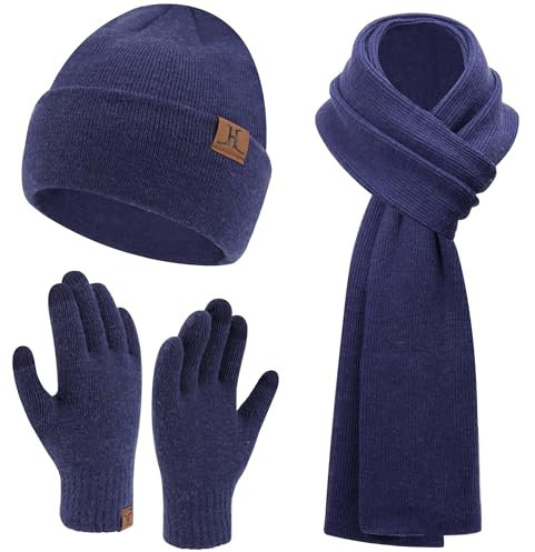 Bequemer Laden Mens Winter Warm Beanie Hats Long Scarf Neck Touchscreen Gloves Set Ribbed Knit Skull Caps Scarves Gloves for Women Man, Navy Blue