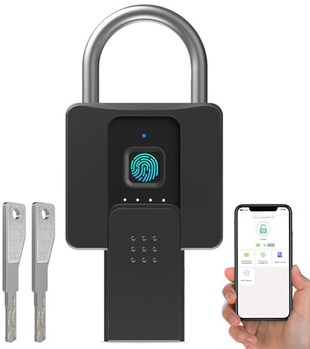 Anweller Fingerprint Padlock with Key Backup, Weatherproof Biometric Bluetooth App Controlled Keyless Smart Electronic Combination Lock for Outdoor Fence Gate Pool Shed Gym Locker Yard Truck