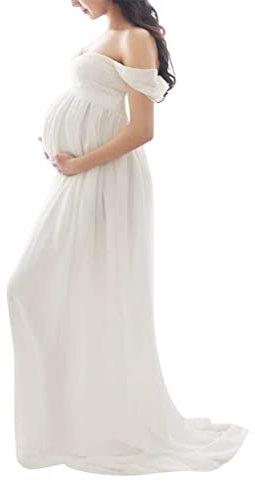 Tomwell Damen Schwangerschaftskleid Split Bodenlanges Kleid Einfarbig Elegant Fotoshooting Umstandskleider Maternity Chiffonkleid Maxi Schwangere Fotografie Kleid A Weiß S