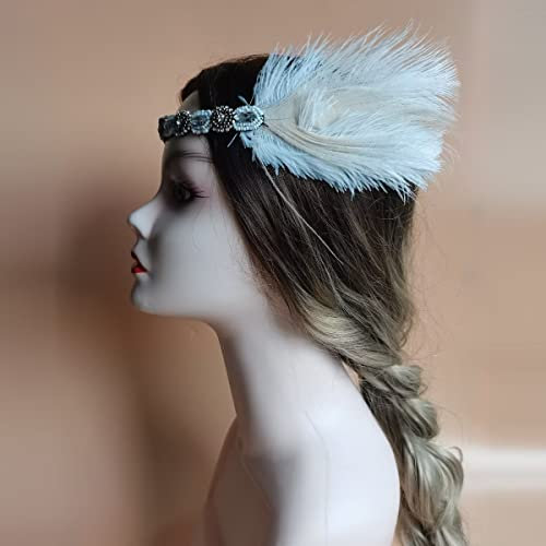 KARLOR Stirnband Feder Damen 20er Jahre Stil Flapper Charleston Kopfband weiß Haarband mit weiß Feder Perlenkopfband Kopfschmuck Damen Fasching Cosplay Party Halloween Kostüm Accessoires (Weiß Feder)