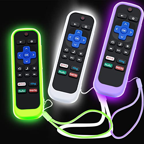 Confezione da 3 custodie per telecomando Roku, cover per TCL Roku TV Steaming Stick/Hisense/Express controller di ricambio universale in silicone che si illumina al buio verde viola bianco