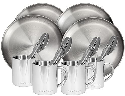 Black Snake® Flacher Camping Picknick Teller mit Besteck Plus Tasse aus Edelstahl - 4 Personen - Set
