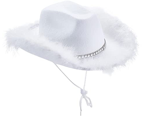Niceyoeuk Cowgirl Hat Cowboy Hats for Women Fluffy Feather Brim Cowboy Hat for Holiday,Costume Party,Play Dress Up,Halloween Cosplay (White Hat with Rhinestones, Free Size)