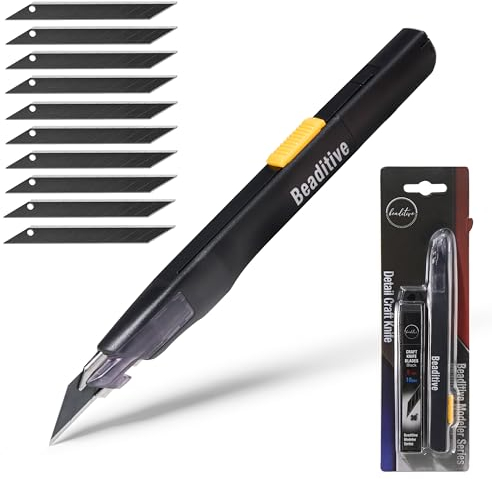Beaditive couteau artisanal de haute précision - cutter tout usage 30 degrés pour art, artisanat et modélisme (1 Couteau noir, 10 Lames noires)