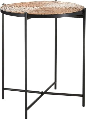 AAMEN Round Coffee Table Metal with Light Rattan Tray Table Black Foldable Legs, Side Table Living Room Foldable Snack Table, Home Office Sofa Side Table-37x37x44cm