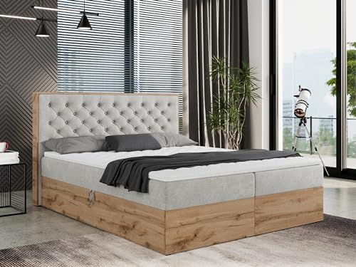 MKS MEBLE Boxspringbett 200x200 mit Bettkasten Holz Holzrahmen, Boxbett 200x200 mit Matratze H3 und Kopfteil - Grau Struktur - Albero-3
