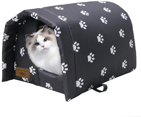 Vinnypet Katzenhöhle Für Draußen Wasserdicht Und Warm | Faltbare Katzenhaus mit Plüschkissen Weich Hundehöhle Tierheim Für Streuner Haustiere 42x31x28cm