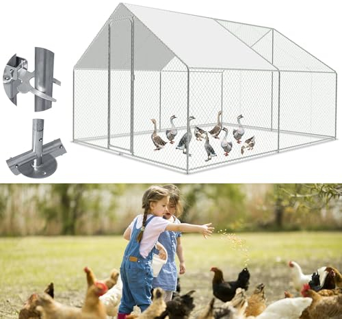 Fiqops Hühnerstall, 3x3x2m Hühnerhaus Freilaufgehege mit Sonnenschutzdach Wasserdichtes PE-Farbtuch, Verzinkter Stahl Kleintierstall Hühnerhaus Dach Geflügelstall Hühnerkäfig