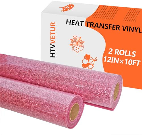 HTVVETUR Glitter Pink HTV Heat Transfer Vinyl - 2 Rolls 12 x 10ft Glitter HTV for Shirts, Iron on Vinyl for Cameo - Easy to Cut & Weed (Pink, 20ft)