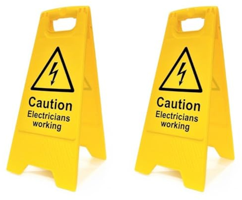 Caution Electricians Working Floor Sign - Pack of 2 | Double-Sided Safety Warning Sign | Foldable A-Frame, High Visibility | Electrical & Workplace Safety
