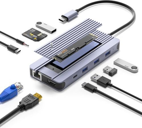 12-in-1 USB-C Hub with 10Gbps M.2 NVMe/SATA SSD Enclosure, Support 4K@60Hz HDMI,100W PD,SD/TF Card Reader,1Gbps RJ45,3 5Gbps USB 3.0,5Gbps USB-C DATA,48kHz Audio Compatible with MacBook Pro/Air/Lenovo