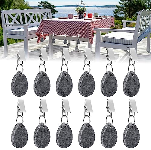 Gobesty Tischdeckenbeschwerer für Draußen, 12 Stück Tischdeckenbeschwerer Naturstein mit Klammer, Tischdeckenhalter Draußen, Gewichte Tischdecke Outdoor für Picknicks, Partys, Hochzeiten, Garten