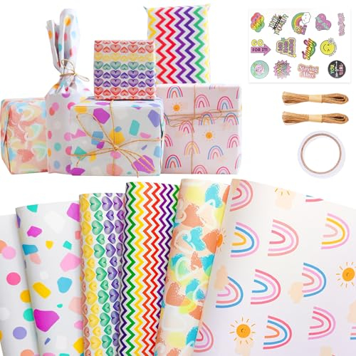 Niviy Geschenkpapier Mädchen 6 Blatt Bunt Geschenkverpackung Regenbogen Herz Tupfen Entwur mit Aufkleber Klebeband Seil,Für Einschulung Babyparty Kinders Geburtstag Hochzeit Dekorationen 70X50 CM