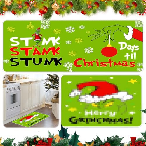 Aheagou weihnachtsteppich Grinch deko teppiche,2 Stück Grinch Küchenteppich Grinch fußmatte Weihnachtsmatten für Küchenboden,Weihnachtsteppiche für Küche, Weihnachtsdekoration