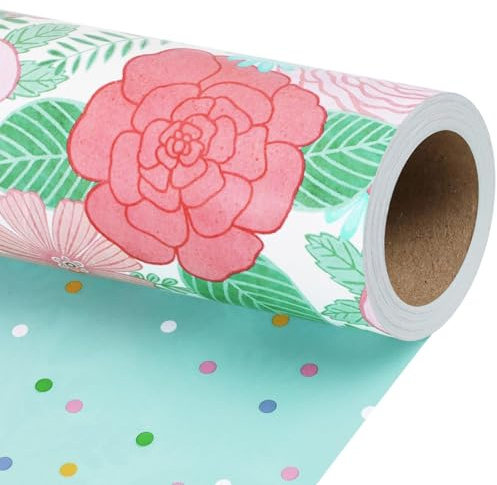 LaRibbons Wendbares Geschenkpapier mit Blumenmuster, 43,2 cm x 100 m, doppelseitig, buntes Aquarell-Rosen- und Punktemuster für Hochzeit, Muttertag, Brautparty und Geburtstag