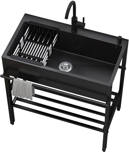 Evier Cuisine Inox 1 Bac,Meuble Evier Cuisine Autoportant,Lavabo avec Robinet et Support,Évier de Extérieur Jardin,Plonge Inox,pour Buanderie,Camping,Entrepôt,Restaurant,Commercial,Garage(65x45x86cm)