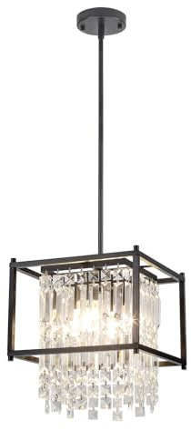 Rviezza Black Crystal Chandelier, Modern 4-Light Black Metal Pendant Lights, Crystal Hanging Light with E14 Dimmable Socket, Industrial Ceiling Lamps with Square Shades