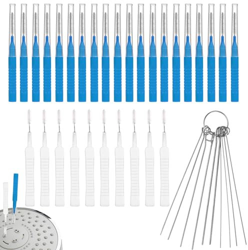 40uds Cepillo de Limpieza Cabezal de Ducha Set, 2 Diseños Cepillo para Orificios Varios Tamaños Cepillo Limpieza Pequeño Antiobstrucciones para Boquilla para Baño con Orificio Pequeño (Azul)