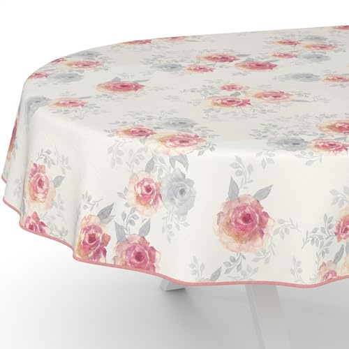 Wachstuchtischdecke Wachstischdecke Wachstuch Tischdecke abwaschbar Gartentischdecke Wasserabweisend Oval 220x140cm mit Saum (Eingefasst) Rosen