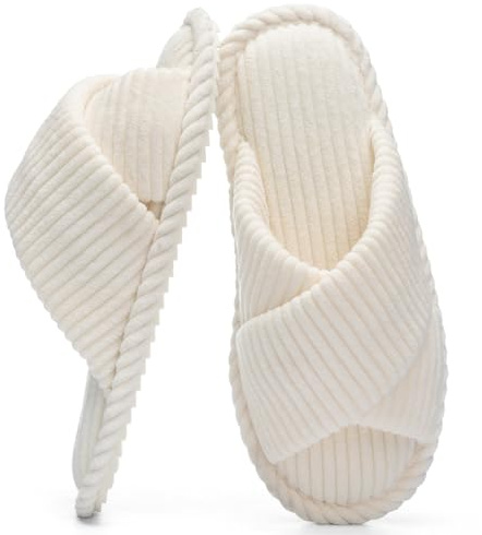 GOEWY House Slippers for Women Fuzzy Womens Slippers Indoor Outdoor Open Toe With Cross Band Corduroy Memory Foam Warm Gifts for Woman Size 7 8.5 Beige