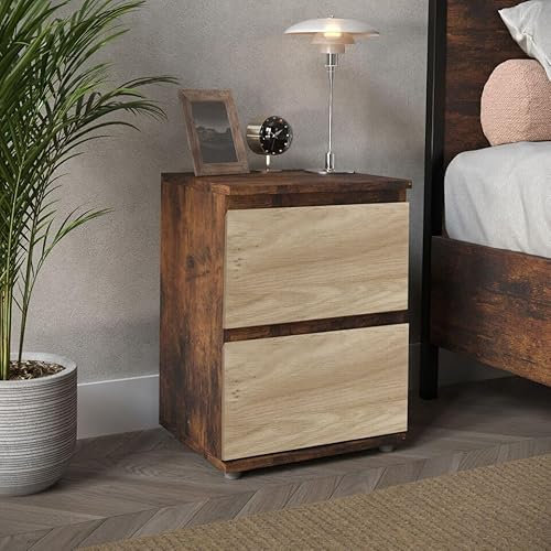 URBNLIVING Skagen Nachttisch aus Holz mit 2 Schubladen, ohne Griff, Nachttisch, Beistelltisch (rustikaler brauner Korpus + Schubladen aus Eiche)