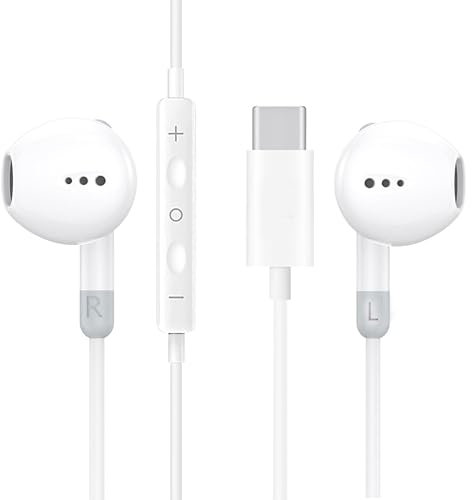 PH26 - Auriculares con cable USB-C, auriculares intraaurales con micrófono y control de volumen, auriculares estéreo de alta fidelidad compatibles con Motorola Edge 40 Neo - Blancos