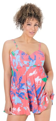 Ulla Popken Damen große Größen Übergrößen Plus Size Badekleid, Blüten, Bügel-Softcups, kunstvolle Träger Koralle 44 837303506-44