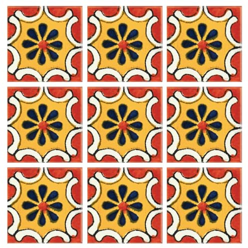 Talavera Tile Hand Painted 2X2 Traditional Confeti Mexican Talavera 25 Psz Set Colorful Designs Original Ceramic Glazed Mosaic Tile for Home Projects Wall Decorative Pieces (Terracota)