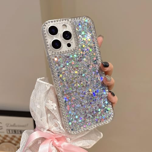 UEEBAI Rhinestone Phone Case for iPhone 16 Plus Case Glitter, Luxury Bling Sparkly Phone Cover with Shiny Crystal Diamonds Fashionable Pretty Aesthetic Cover for Women and Girl - Silver