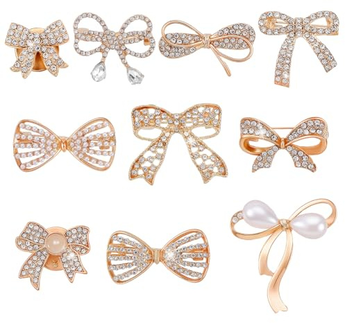 AHANDMAKER 10 Stück Kristall Strass Bowknot Brosche Pins 10 Stile Vintage Bowknot Perle Revers Pins Golden Anzug Kleid Zubehör Für Frauen Party Schmuck Geschenke