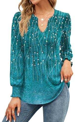 EFFAN Womens Tops V Neck Long Sleeve Elegant Tunic Floaty Floral Printed the Holiday Shirt Party Ladies Blouse Lake Green L (UK 16-18)