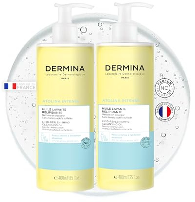 DERMINA Huile Lavante Gel Douche Relipidante - Nettoyant Visage & Corps - Niacinamide & Allantoïne pour Peaux Sèches et Sensibles - Sans Parfum - Séries ATOLINA 800 ml (400 ml * 2)